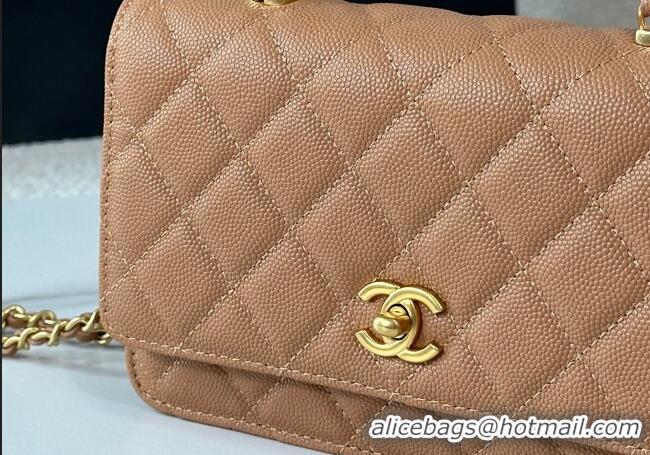 Original Cheap Chanel Grained Shiny Calfskin Wallet on Chain with Top Handle WOC AP4785 Camel Brown 2025