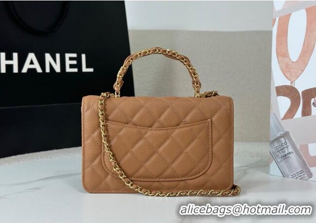 Original Cheap Chanel Grained Shiny Calfskin Wallet on Chain with Top Handle WOC AP4785 Camel Brown 2025