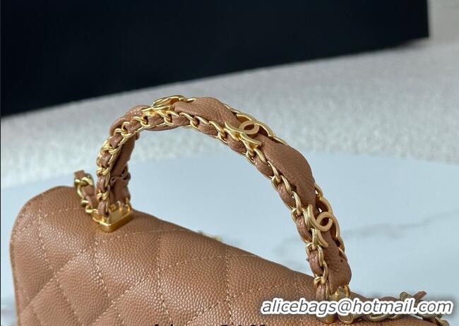 Original Cheap Chanel Grained Shiny Calfskin Wallet on Chain with Top Handle WOC AP4785 Camel Brown 2025