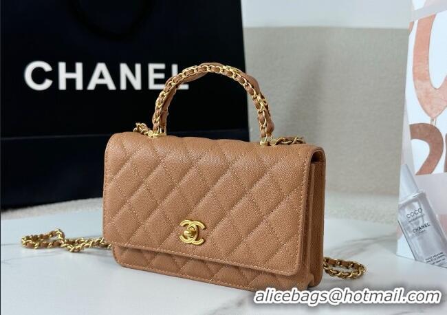 Original Cheap Chanel Grained Shiny Calfskin Wallet on Chain with Top Handle WOC AP4785 Camel Brown 2025