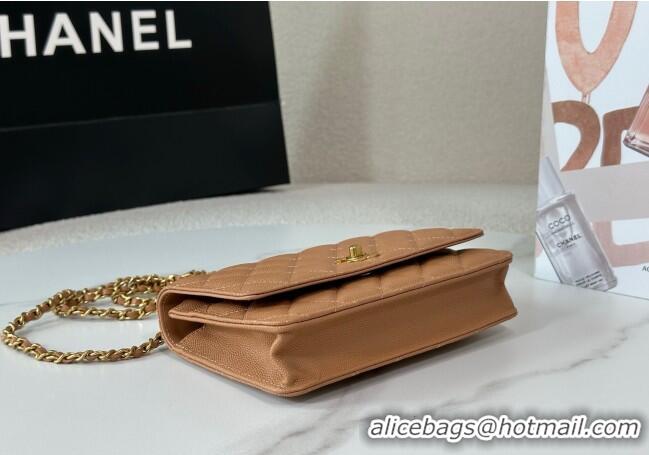 Original Cheap Chanel Grained Shiny Calfskin Wallet on Chain with Top Handle WOC AP4785 Camel Brown 2025