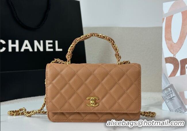 Original Cheap Chanel Grained Shiny Calfskin Wallet on Chain with Top Handle WOC AP4785 Camel Brown 2025