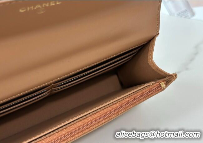 Original Cheap Chanel Grained Shiny Calfskin Wallet on Chain with Top Handle WOC AP4785 Camel Brown 2025