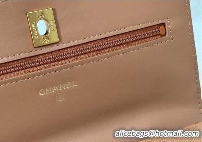 Original Cheap Chanel Grained Shiny Calfskin Wallet on Chain with Top Handle WOC AP4785 Camel Brown 2025
