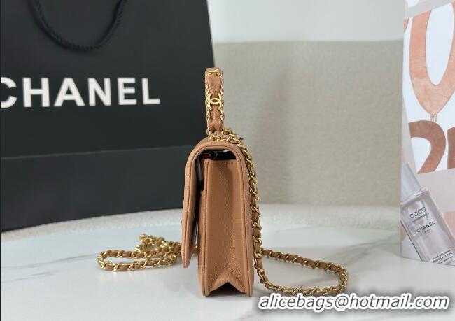 Original Cheap Chanel Grained Shiny Calfskin Wallet on Chain with Top Handle WOC AP4785 Camel Brown 2025