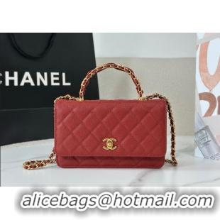 Spot Bulk Chanel Grained Shiny Calfskin Wallet on Chain with Top Handle WOC AP4785 Red 2025