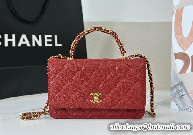 Spot Bulk Chanel Grained Shiny Calfskin Wallet on Chain with Top Handle WOC AP4785 Red 2025