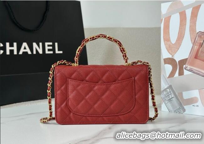Spot Bulk Chanel Grained Shiny Calfskin Wallet on Chain with Top Handle WOC AP4785 Red 2025