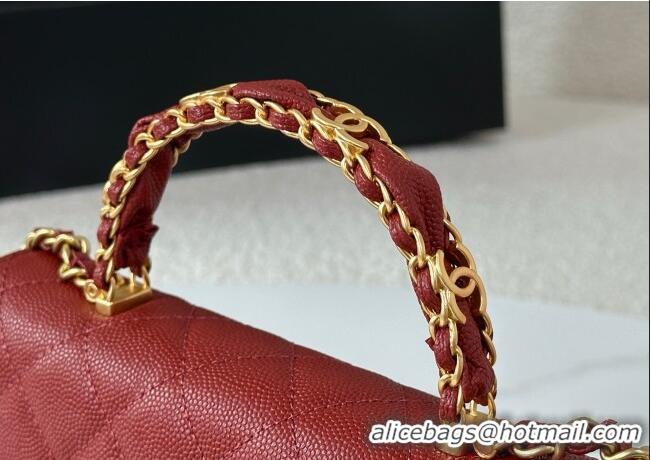 Spot Bulk Chanel Grained Shiny Calfskin Wallet on Chain with Top Handle WOC AP4785 Red 2025