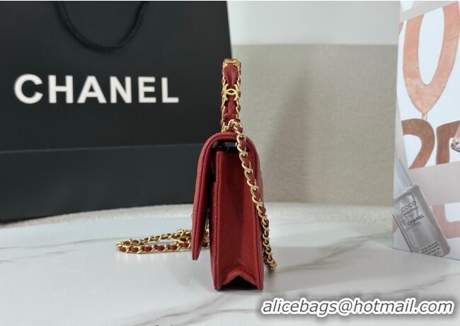 Spot Bulk Chanel Grained Shiny Calfskin Wallet on Chain with Top Handle WOC AP4785 Red 2025