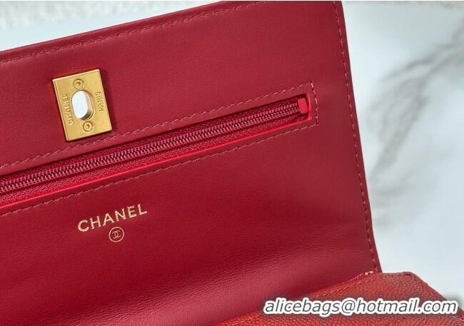 Spot Bulk Chanel Grained Shiny Calfskin Wallet on Chain with Top Handle WOC AP4785 Red 2025