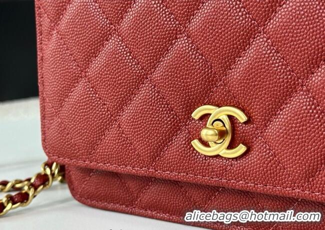 Spot Bulk Chanel Grained Shiny Calfskin Wallet on Chain with Top Handle WOC AP4785 Red 2025