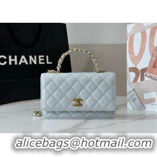 New Fashion Chanel Grained Shiny Calfskin Wallet on Chain with Top Handle WOC AP4785 Light Blue 2025