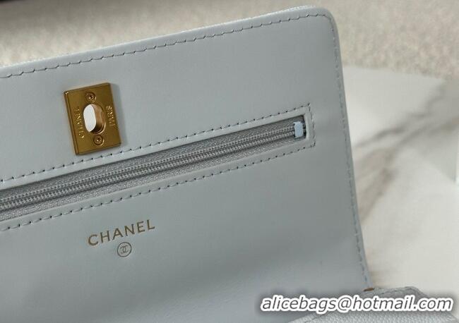 New Fashion Chanel Grained Shiny Calfskin Wallet on Chain with Top Handle WOC AP4785 Light Blue 2025