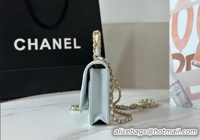 New Fashion Chanel Grained Shiny Calfskin Wallet on Chain with Top Handle WOC AP4785 Light Blue 2025