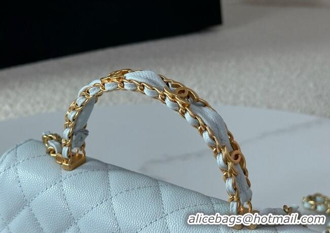 New Fashion Chanel Grained Shiny Calfskin Wallet on Chain with Top Handle WOC AP4785 Light Blue 2025