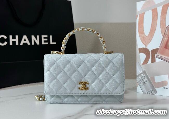 New Fashion Chanel Grained Shiny Calfskin Wallet on Chain with Top Handle WOC AP4785 Light Blue 2025