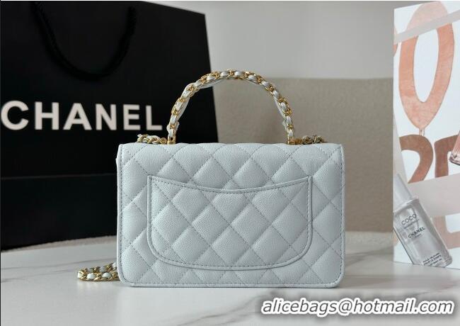 New Fashion Chanel Grained Shiny Calfskin Wallet on Chain with Top Handle WOC AP4785 Light Blue 2025