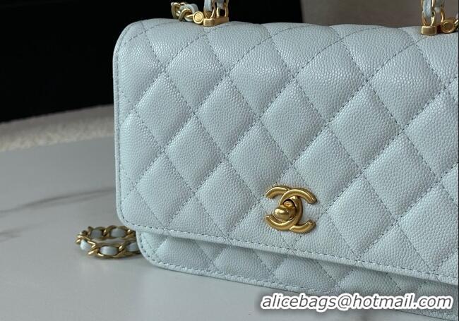 New Fashion Chanel Grained Shiny Calfskin Wallet on Chain with Top Handle WOC AP4785 Light Blue 2025