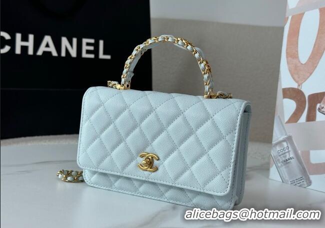 New Fashion Chanel Grained Shiny Calfskin Wallet on Chain with Top Handle WOC AP4785 Light Blue 2025