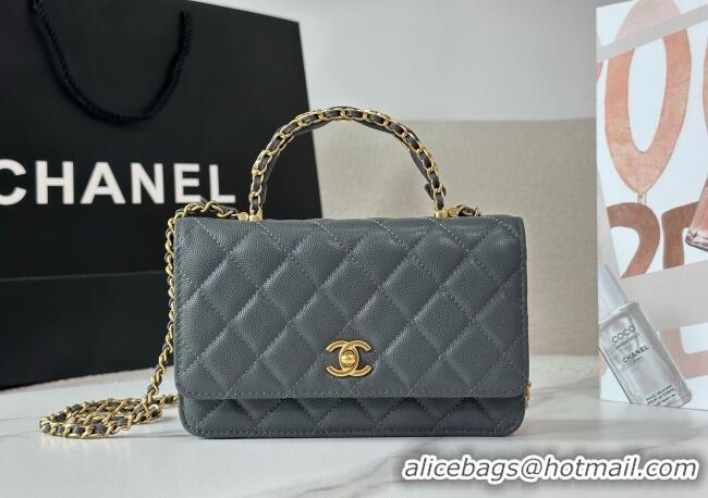 Market Sells Chanel Grained Shiny Calfskin Wallet on Chain with Top Handle WOC AP4785 Dark Grey 2025