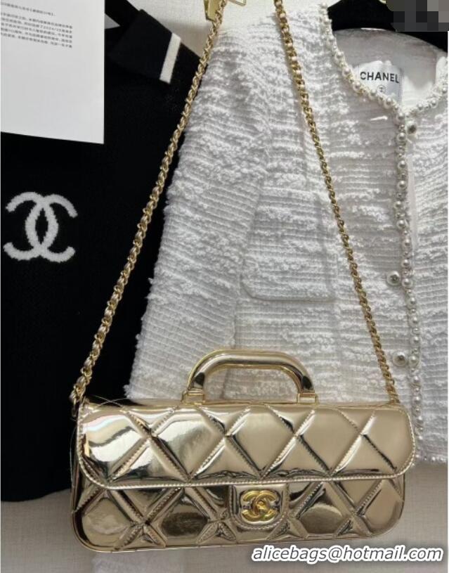 Grade Quality Chanel Metallic Mirror Calfskin Large Flap Bag with Top Handle AS5807 Light Gold 2025