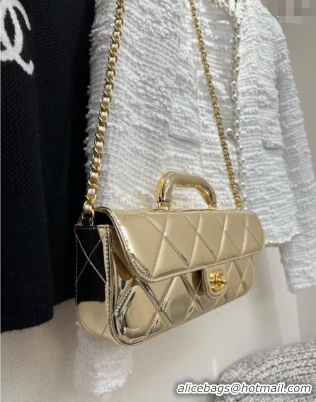 Grade Quality Chanel Metallic Mirror Calfskin Large Flap Bag with Top Handle AS5807 Light Gold 2025