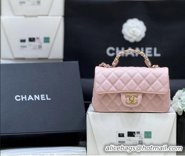 Well Crafted Chanel Mini Flap Bag with Top Handle in Grained Shiny Calfskin AS5701 Pink 2025 Top Quality