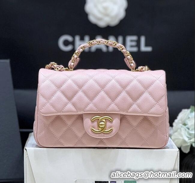 Well Crafted Chanel Mini Flap Bag with Top Handle in Grained Shiny Calfskin AS5701 Pink 2025 Top Quality