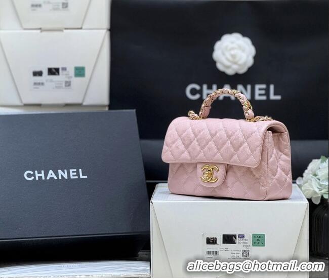 Well Crafted Chanel Mini Flap Bag with Top Handle in Grained Shiny Calfskin AS5701 Pink 2025 Top Quality