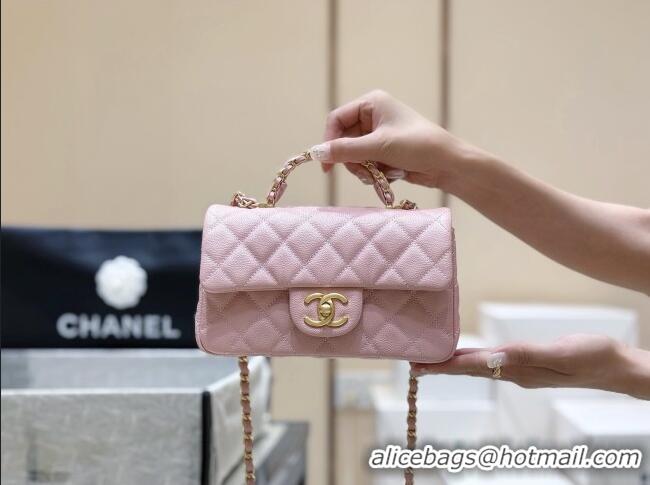 Well Crafted Chanel Mini Flap Bag with Top Handle in Grained Shiny Calfskin AS5701 Pink 2025 Top Quality