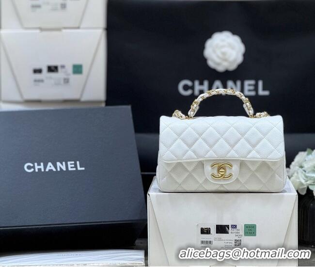 Stylish Discount Chanel Mini Flap Bag with Top Handle in Grained Shiny Calfskin AS5701 White 2025 Top Quality