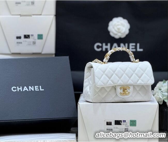 Stylish Discount Chanel Mini Flap Bag with Top Handle in Grained Shiny Calfskin AS5701 White 2025 Top Quality