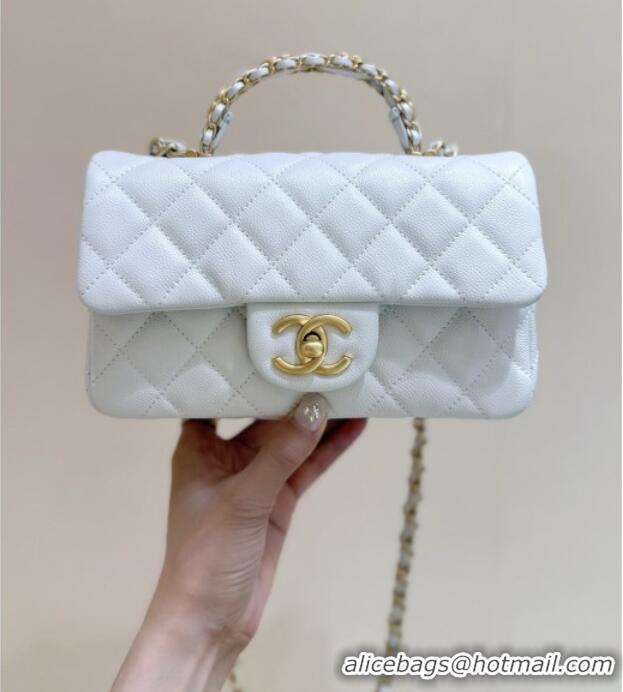 Stylish Discount Chanel Mini Flap Bag with Top Handle in Grained Shiny Calfskin AS5701 White 2025 Top Quality