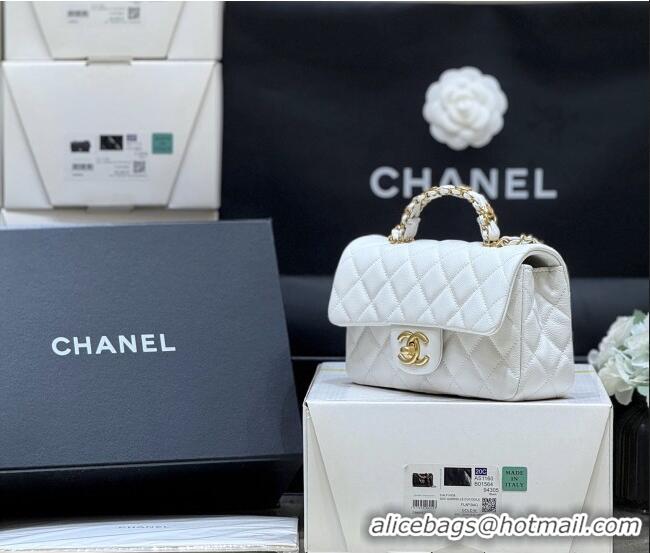 Stylish Discount Chanel Mini Flap Bag with Top Handle in Grained Shiny Calfskin AS5701 White 2025 Top Quality