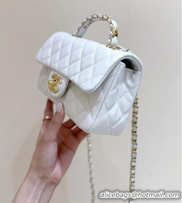 Stylish Discount Chanel Mini Flap Bag with Top Handle in Grained Shiny Calfskin AS5701 White 2025 Top Quality