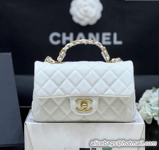 Stylish Discount Chanel Mini Flap Bag with Top Handle in Grained Shiny Calfskin AS5701 White 2025 Top Quality