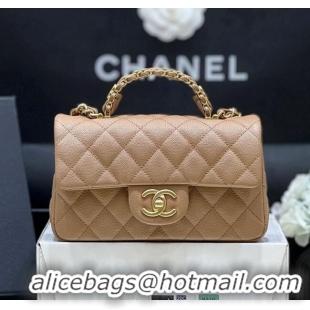 Best Price Chanel Mini Flap Bag with Top Handle in Grained Shiny Calfskin AS5701 Camel 2025 Top Quality