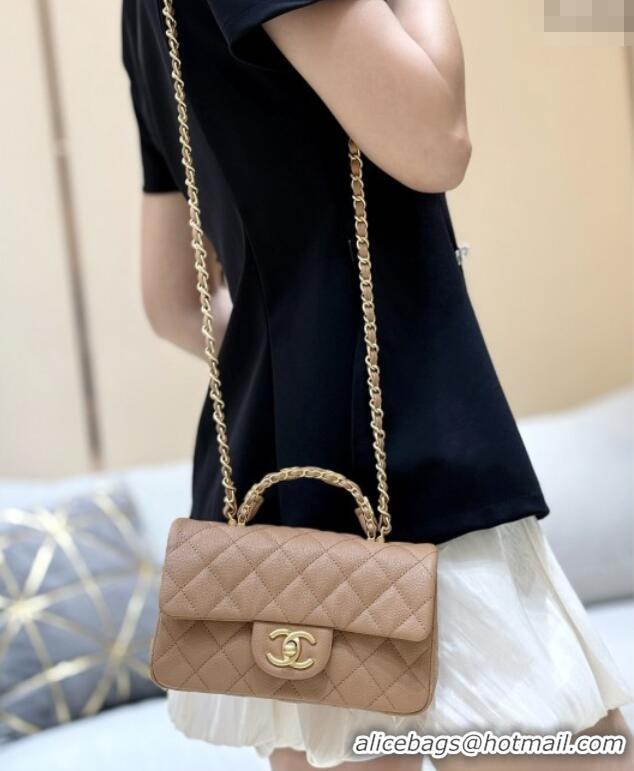 Best Price Chanel Mini Flap Bag with Top Handle in Grained Shiny Calfskin AS5701 Camel 2025 Top Quality