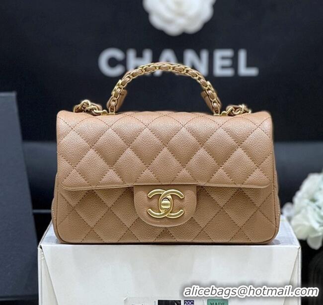 Best Price Chanel Mini Flap Bag with Top Handle in Grained Shiny Calfskin AS5701 Camel 2025 Top Quality
