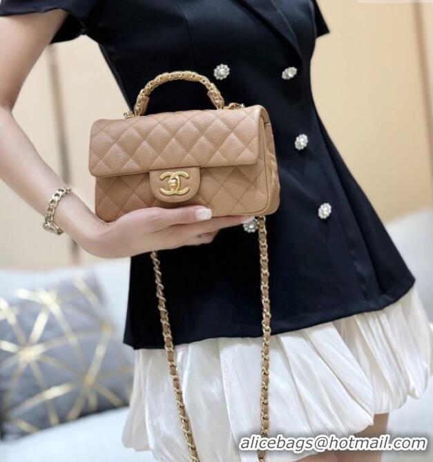 Best Price Chanel Mini Flap Bag with Top Handle in Grained Shiny Calfskin AS5701 Camel 2025 Top Quality