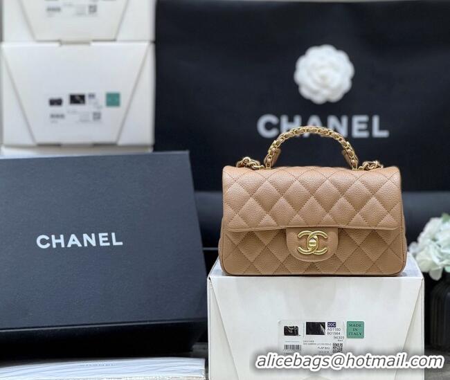 Best Price Chanel Mini Flap Bag with Top Handle in Grained Shiny Calfskin AS5701 Camel 2025 Top Quality