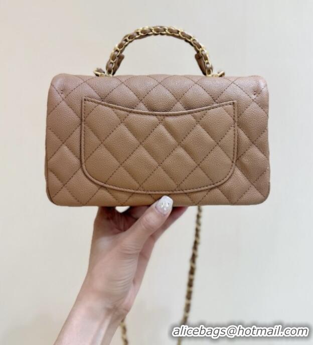 Best Price Chanel Mini Flap Bag with Top Handle in Grained Shiny Calfskin AS5701 Camel 2025 Top Quality