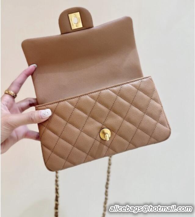 Best Price Chanel Mini Flap Bag with Top Handle in Grained Shiny Calfskin AS5701 Camel 2025 Top Quality