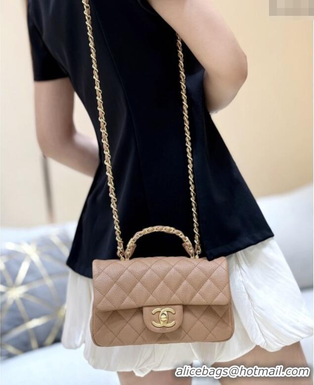 Best Price Chanel Mini Flap Bag with Top Handle in Grained Shiny Calfskin AS5701 Camel 2025 Top Quality