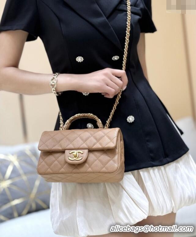 Best Price Chanel Mini Flap Bag with Top Handle in Grained Shiny Calfskin AS5701 Camel 2025 Top Quality