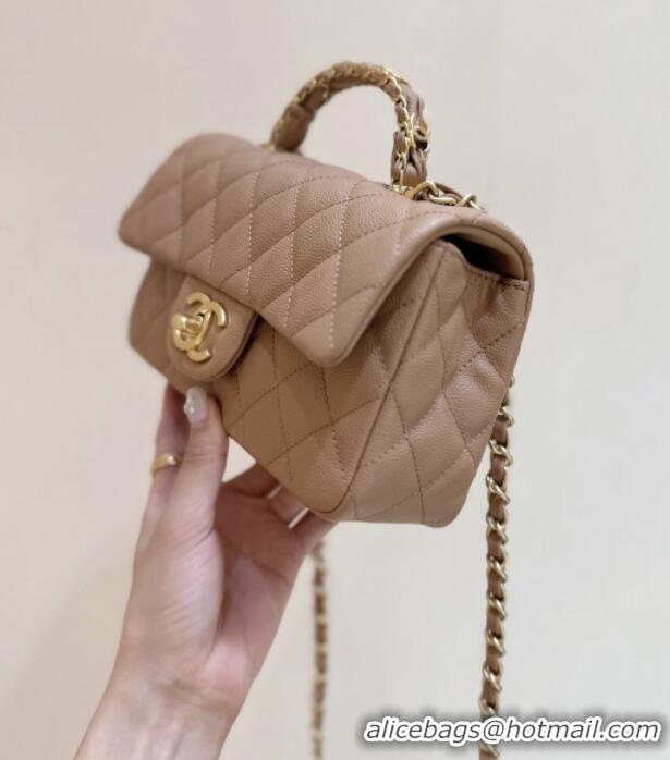 Best Price Chanel Mini Flap Bag with Top Handle in Grained Shiny Calfskin AS5701 Camel 2025 Top Quality