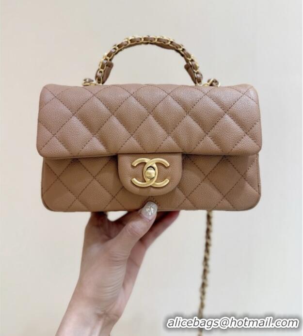 Best Price Chanel Mini Flap Bag with Top Handle in Grained Shiny Calfskin AS5701 Camel 2025 Top Quality