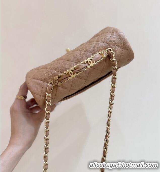 Best Price Chanel Mini Flap Bag with Top Handle in Grained Shiny Calfskin AS5701 Camel 2025 Top Quality