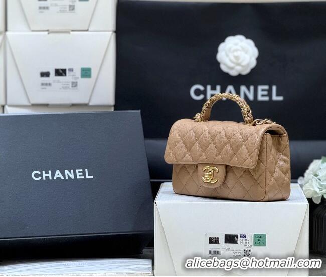 Best Price Chanel Mini Flap Bag with Top Handle in Grained Shiny Calfskin AS5701 Camel 2025 Top Quality